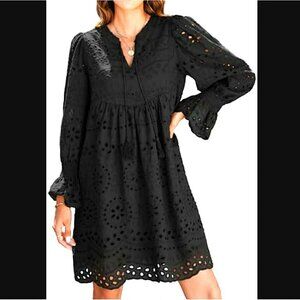 NWT Dokotoo Boho Long Sleeve Eyelet Lace Dress Size Medium In Black
